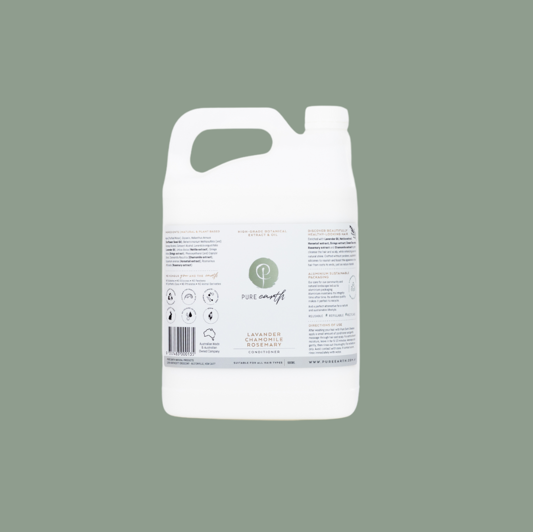 A white plastic jug with a label displaying information about the natural conditioner product.