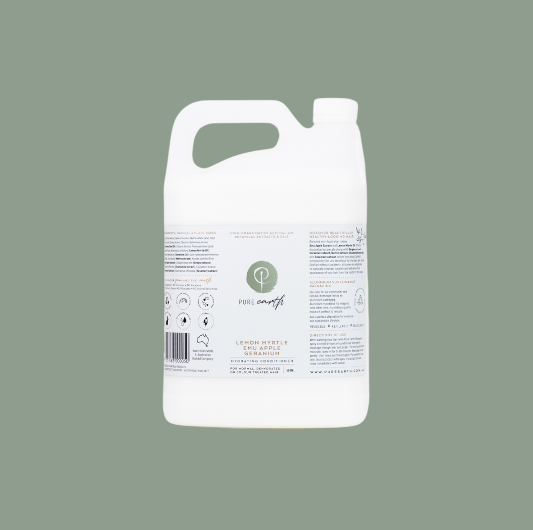 A white plastic jug with a handle, labeled as natural conditioner, bulk size, 5L.