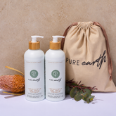 Pure Earth natural hyrating shampoo and conditioner bundle with reusable linen gift bag, featuring Australian made hair care scented with pure essential oils.