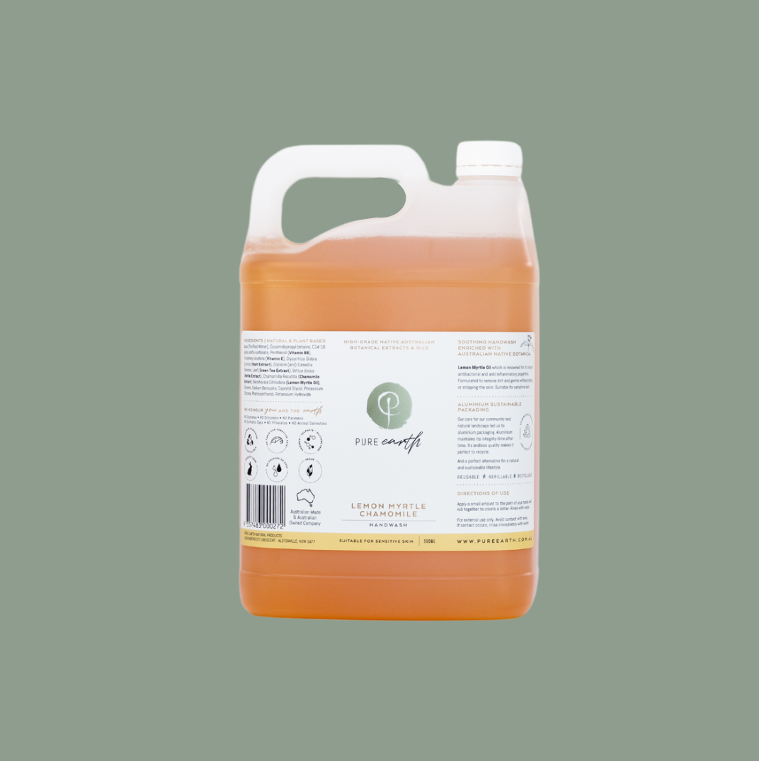 A bulk-sized lemon myrtle hand wash in a clear plastic container with a white label.