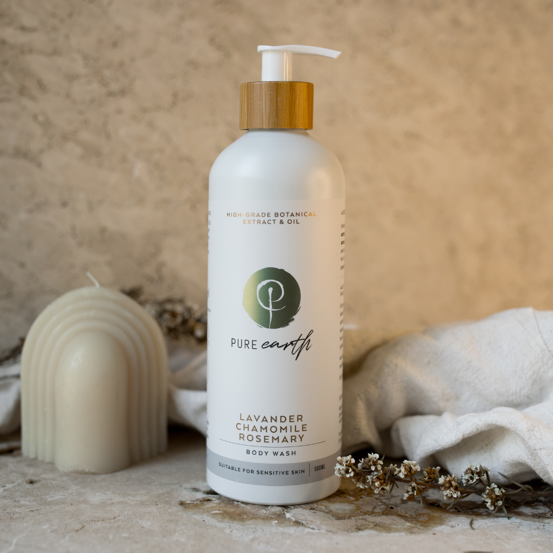 A pump bottle of natural body wash with a label that reads &