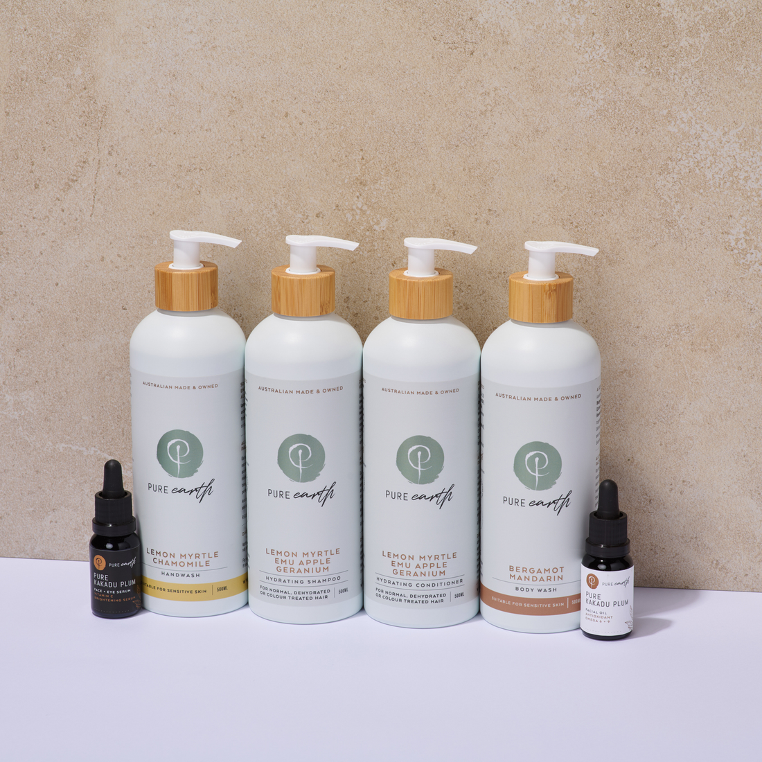 Pure Earth natural skincare and haircare bundle Australia low tox shampoo conditioner body wash serum and facial oil set