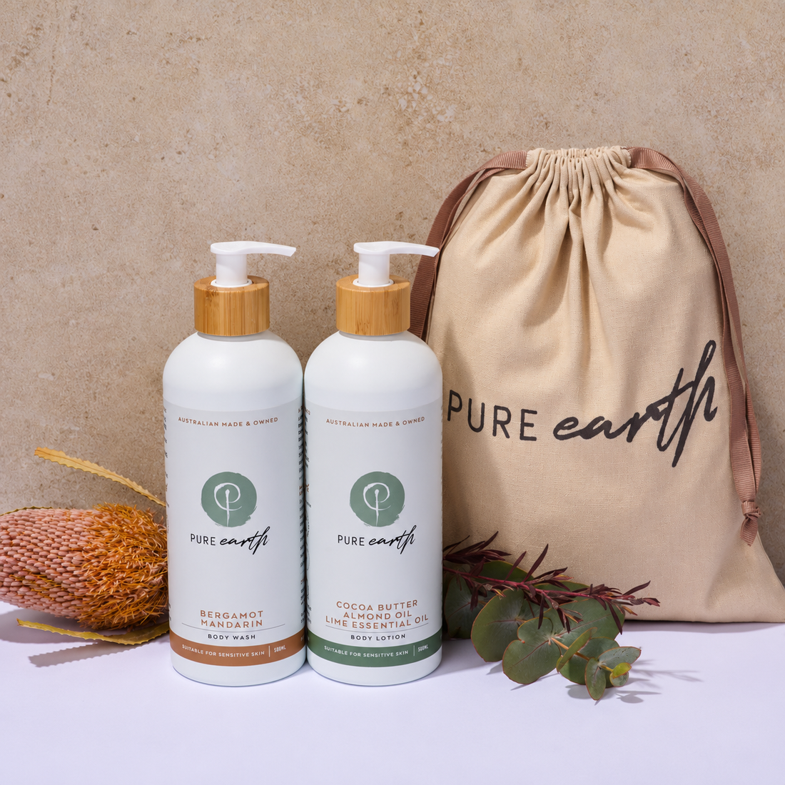Pure Earth natural Body Wash and Body Lotion bundle with reusable linen gift bag, featuring Australian made body care scented with pure essential oils.
