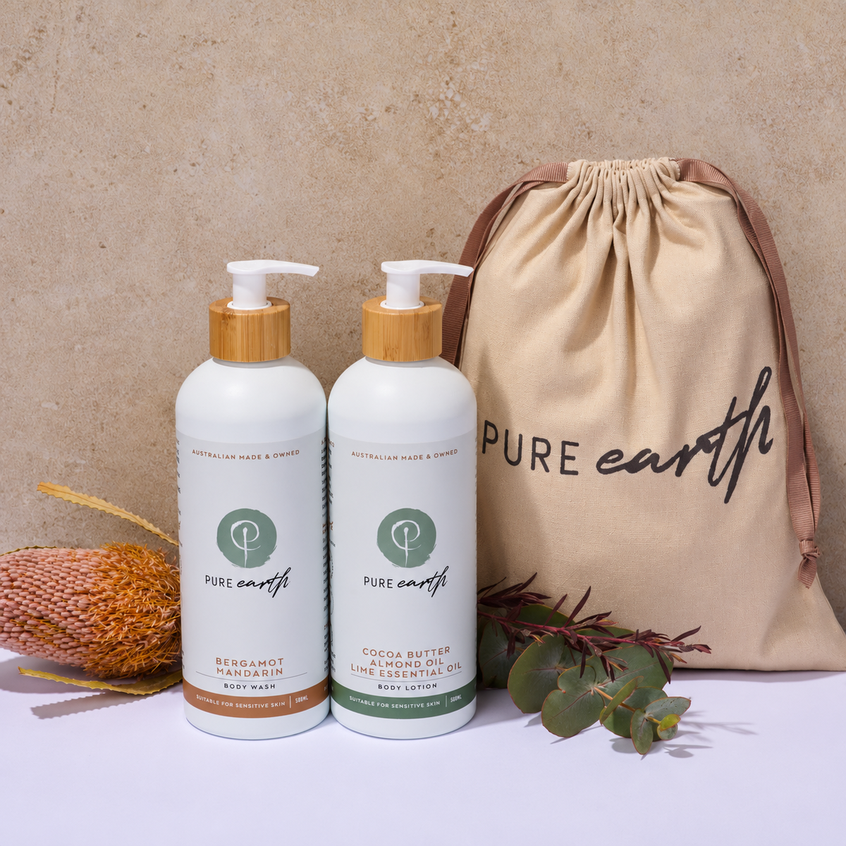 Pure Earth natural Body Wash and Body Lotion bundle with reusable linen gift bag, featuring Australian made body care scented with pure essential oils.