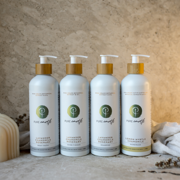 Pure Earth Natural Shampoo Conditioner Body Wash and Hand Wash with Lavender and Rosemary in eco-friendly, refillable 500ml Aluminium bottle.