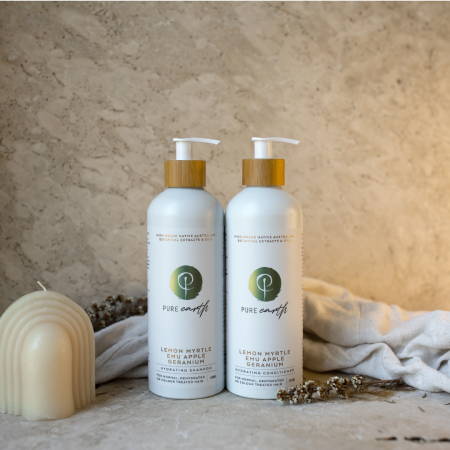 Pure Earth Natural Hair Conditioner and Shampoo with Lemon Myrtle and Emu Apple in eco-friendly, refillable 500ml Aluminium bottle.