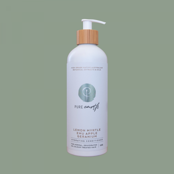 Pure Earth Natural Hair conditioner with Lemon Myrtle and Emu Apple in eco-friendly, refillable 500ml Aluminium bottle.