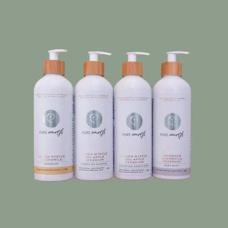 Pure Earth Natural Shampoo Conditioner Body Wash and Hand Wash with Lemon Myrtle and Emu Apple in eco-friendly, refillable 500ml Aluminium bottle.