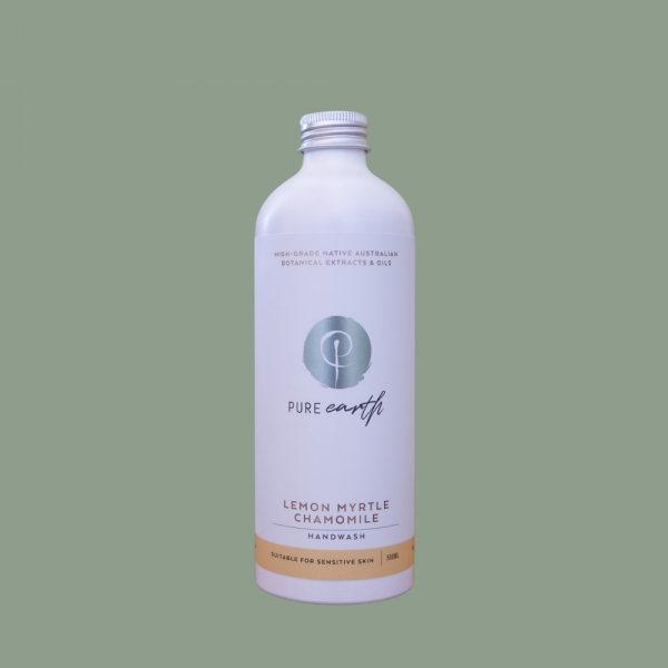 Pure Earth Natural Liquid Hand Wash with Lemon Myrtle and Chamomile in refillable, eco-friendly 500ml aluminium bottle