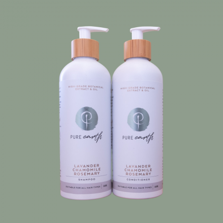 Pure Earth Natural Hair Conditioner and Shampoo with Lavender and Rosemary in eco-friendly, refillable 500ml Aluminium bottle.