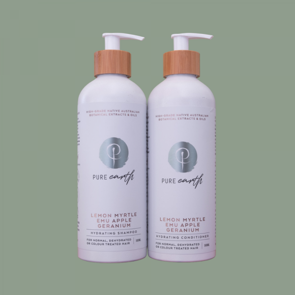 Pure Earth Natural Hair Conditioner and Shampoo with Lemon Myrtle and Emu Apple in eco-friendly, refillable 500ml Aluminium bottle.